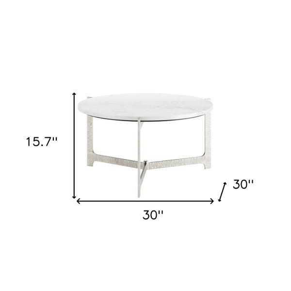 HomeRoots 30" White Marble & Silver Aluminum Round Coffee Table - Elegant Modern Design for Any Space 565084