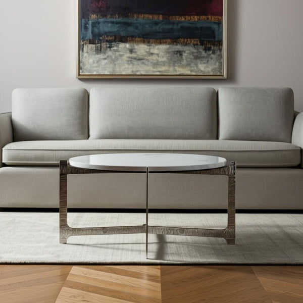 HomeRoots 30" White Marble & Silver Aluminum Round Coffee Table - Elegant Modern Design for Any Space 565084