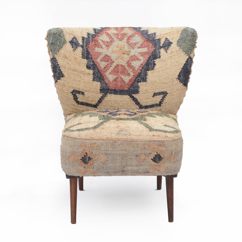 HomeRoots 26" Handcrafted Beige Blue and Red Jute Southwestern Wingback Chair for Cozy Living Spaces 565086
