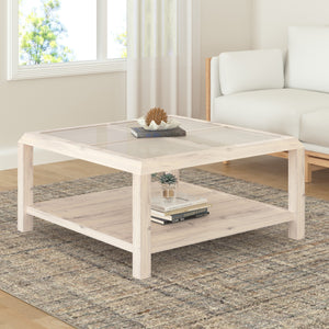 Homeroots 40" Clear And White Glass And Solid Wood Square Coffee Table With Shelf   565087