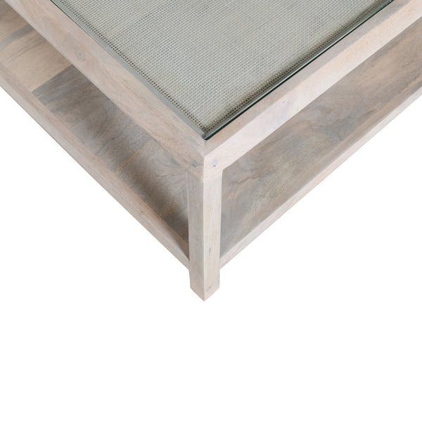 Homeroots 40" Clear And White Glass And Solid Wood Square Coffee Table With Shelf   565087