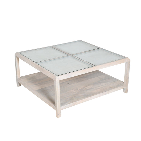 Homeroots 40" Clear And White Glass And Solid Wood Square Coffee Table With Shelf   565087