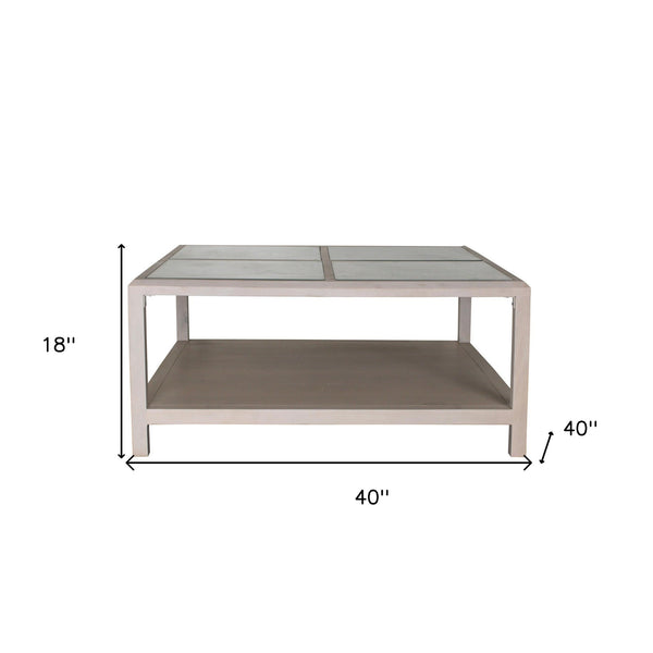 Homeroots 40" Clear And White Glass And Solid Wood Square Coffee Table With Shelf   565087