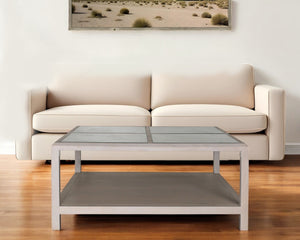 Homeroots 40" Clear And White Glass And Solid Wood Square Coffee Table With Shelf   565087