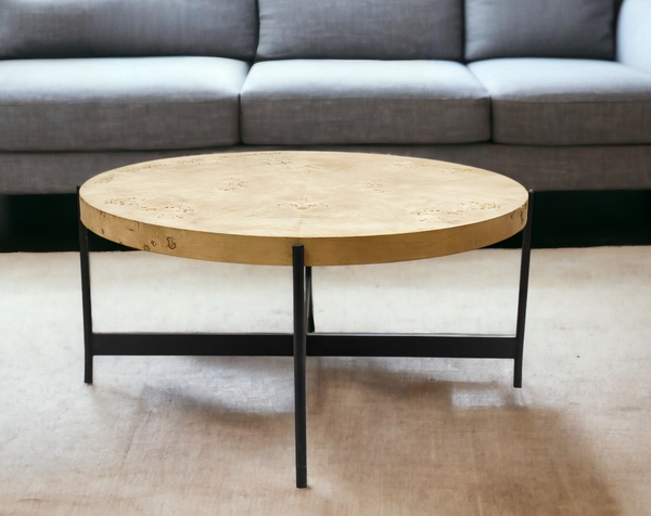 Homeroots 36" Natural And Black Wood And Iron Round Coffee Table   565089