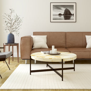 Homeroots 36" Natural And Black Wood And Iron Round Coffee Table   565089