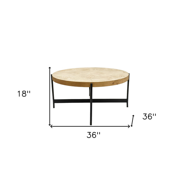 Homeroots 36" Natural And Black Wood And Iron Round Coffee Table   565089