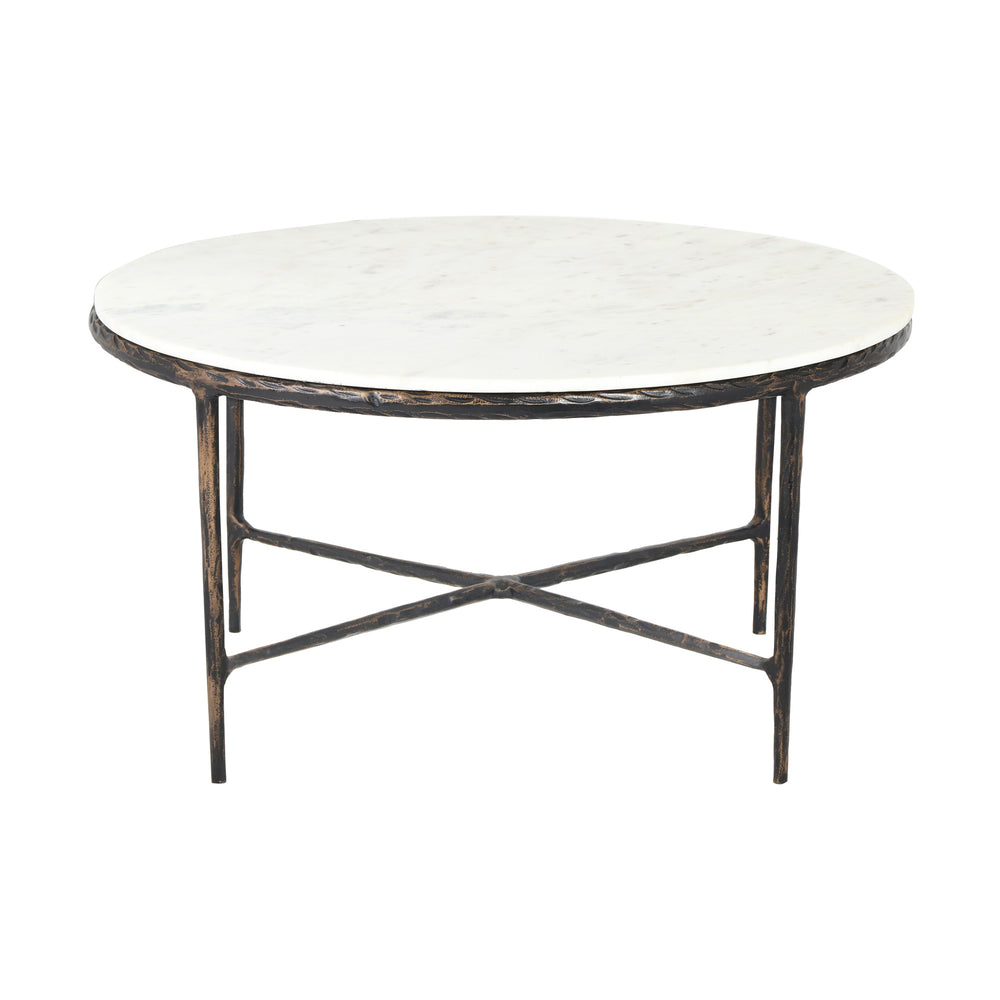 Homeroots 36" White And Brown Genuine Marble And Aluminum Round Coffee Table   565093