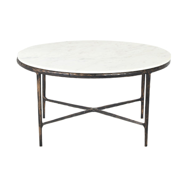 Homeroots 36" White And Brown Genuine Marble And Aluminum Round Coffee Table   565093