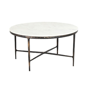 Homeroots 36" White And Brown Genuine Marble And Aluminum Round Coffee Table   565093