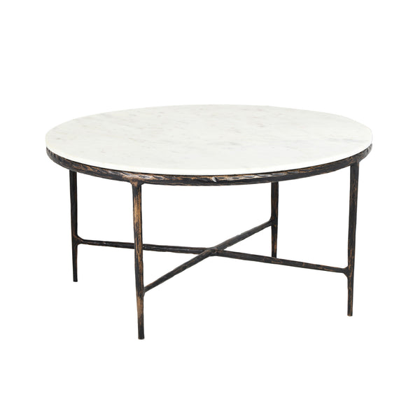 Homeroots 36" White And Brown Genuine Marble And Aluminum Round Coffee Table   565093