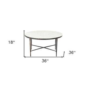Homeroots 36" White And Brown Genuine Marble And Aluminum Round Coffee Table   565093