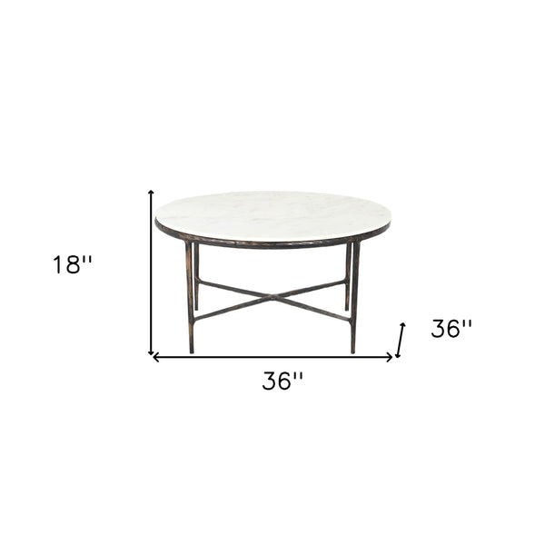 Homeroots 36" White And Brown Genuine Marble And Aluminum Round Coffee Table   565093