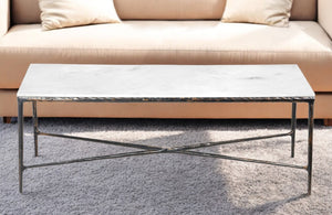 Homeroots 28" White And Brown Genuine Marble And Aluminum Metal Coffee Table   565094