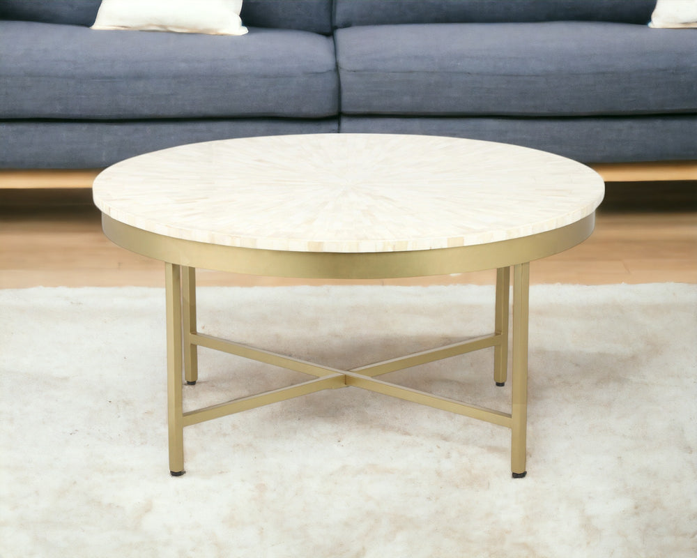 Homeroots 18" Ivory And Gold Wood And Steel Round Coffee Table   565095