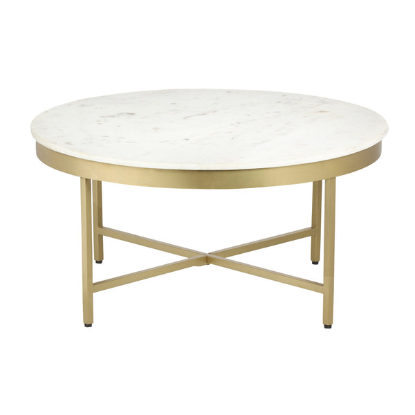 Homeroots 36" White And Gold Genuine Marble And Steel Round Coffee Table   565096