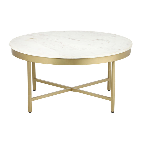 Homeroots 36" White And Gold Genuine Marble And Steel Round Coffee Table   565096