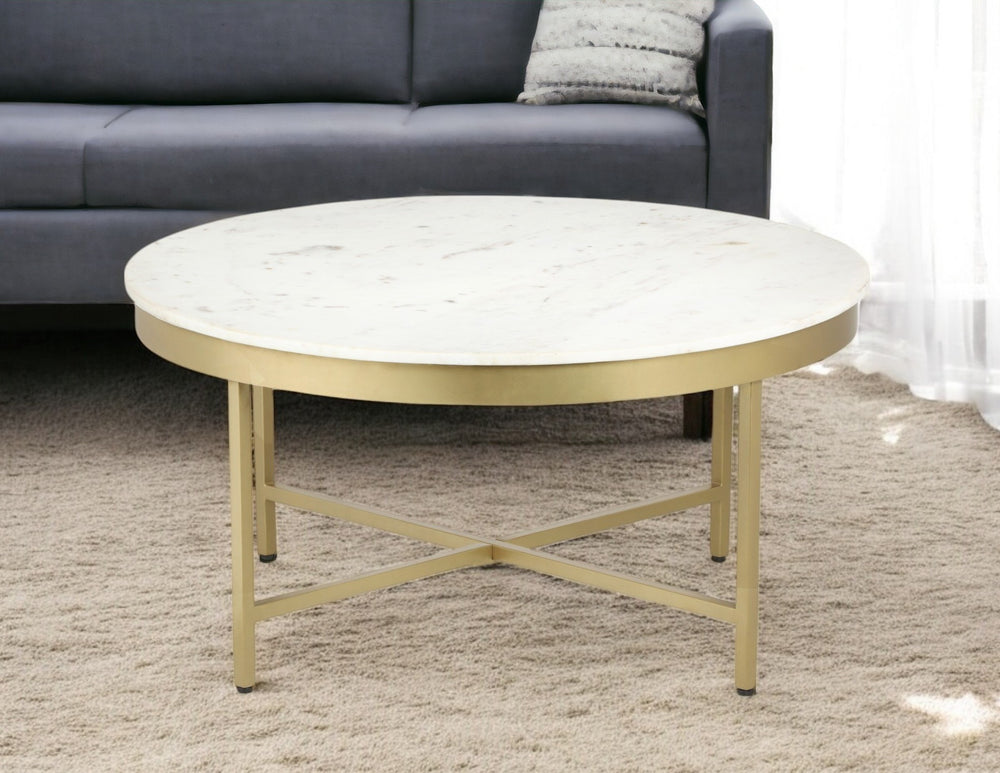 Homeroots 36" White And Gold Genuine Marble And Steel Round Coffee Table   565096