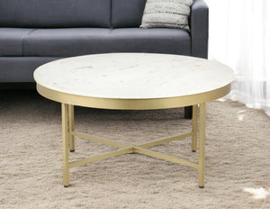 Homeroots 36" White And Gold Genuine Marble And Steel Round Coffee Table   565096
