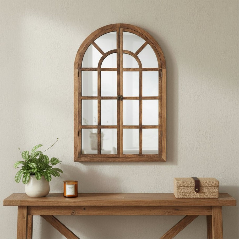HomeRoots 36" Brown Solid Wood Arched Accent Mirror - Elegant Architectural Charm for Any Room’s Décor! 565122