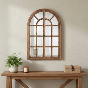 HomeRoots 36" Brown Solid Wood Arched Accent Mirror - Elegant Architectural Charm for Any Room’s Décor! 565122
