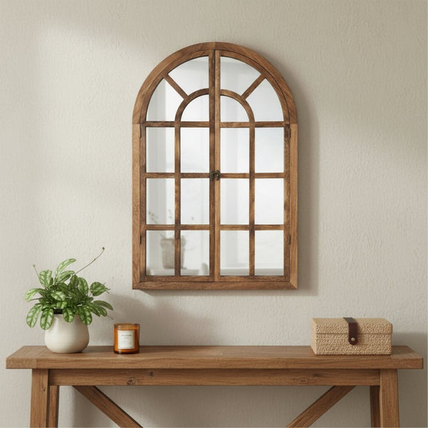 HomeRoots 36" Brown Solid Wood Arched Accent Mirror - Elegant Architectural Charm for Any Room’s Décor! 565122