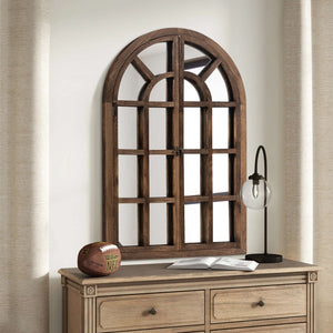 HomeRoots 36" Brown Solid Wood Arched Accent Mirror - Elegant Architectural Charm for Any Room’s Décor! 565122