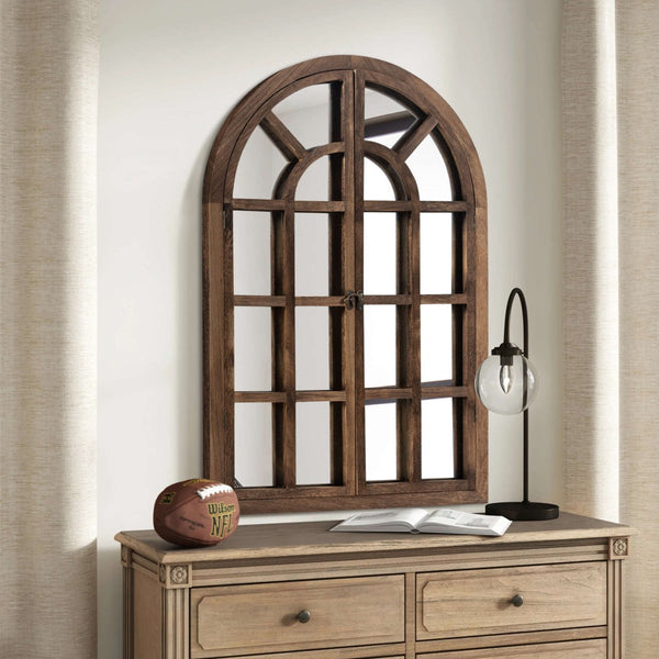 HomeRoots 36" Brown Solid Wood Arched Accent Mirror - Elegant Architectural Charm for Any Room’s Décor! 565122