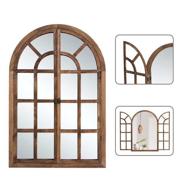 HomeRoots 36" Brown Solid Wood Arched Accent Mirror - Elegant Architectural Charm for Any Room’s Décor! 565122