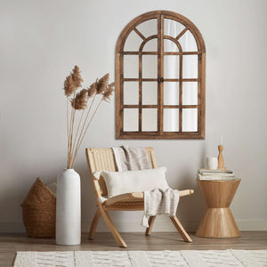 HomeRoots 36" Brown Solid Wood Arched Accent Mirror - Elegant Architectural Charm for Any Room’s Décor! 565122