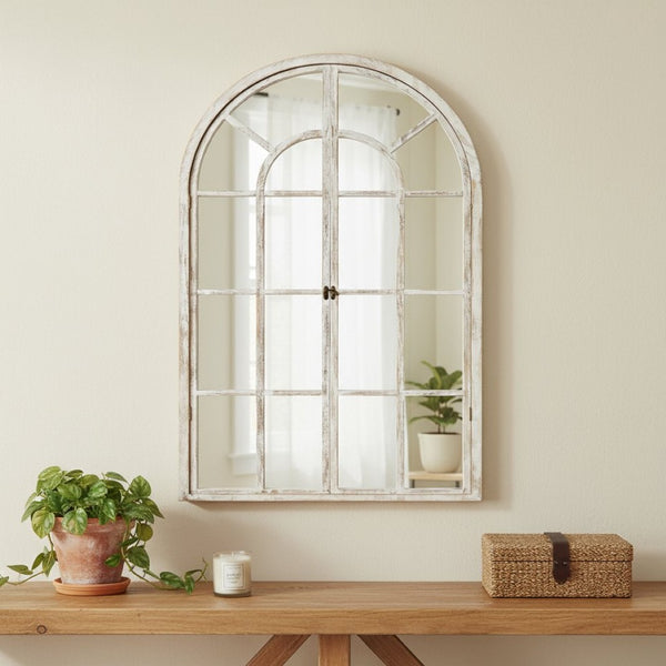 HomeRoots 36" Elegant White Solid Wood Arch Accent Mirror for Timeless Style & Room Expansion, Ready to Hang 565123