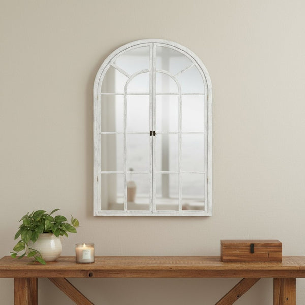 HomeRoots 36" White Solid Wood Arched Accent Mirror - Timeless Elegance for Brightening Any Space, Easy to Hang 565124