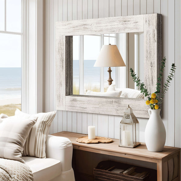 HomeRoots 36" White Solid Wood Framed Accent Mirror - Elegant Cottage Design, Ready to Hang for Versatile Spaces 565127