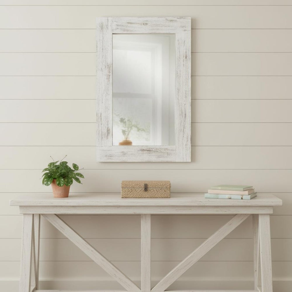 HomeRoots 36" White Solid Wood Framed Accent Mirror - Elegant Cottage Design, Ready to Hang for Versatile Spaces 565127