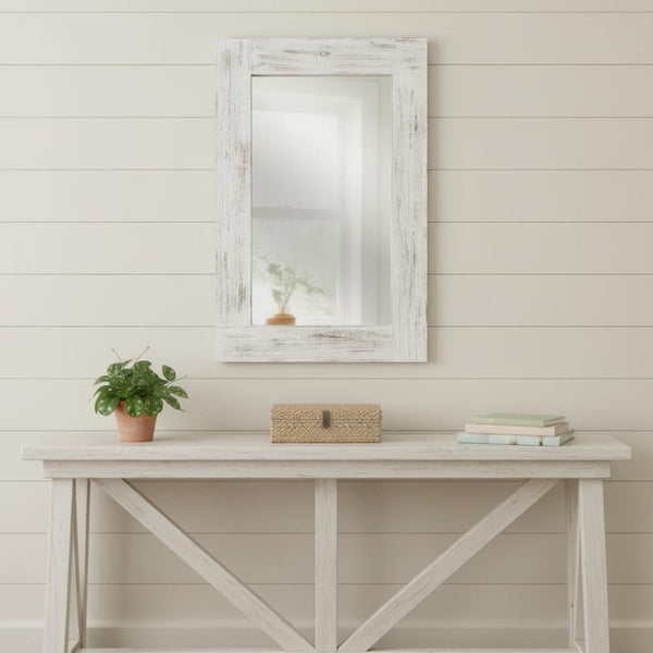 HomeRoots 36" White Solid Wood Framed Accent Mirror - Elegant Cottage Design, Ready to Hang for Versatile Spaces 565127