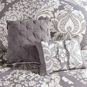 English Elm 7 Piece Cotton Printed Comforter Set In Grey - Elegant Damask Design With Pillows & Bed Skirt B03597027