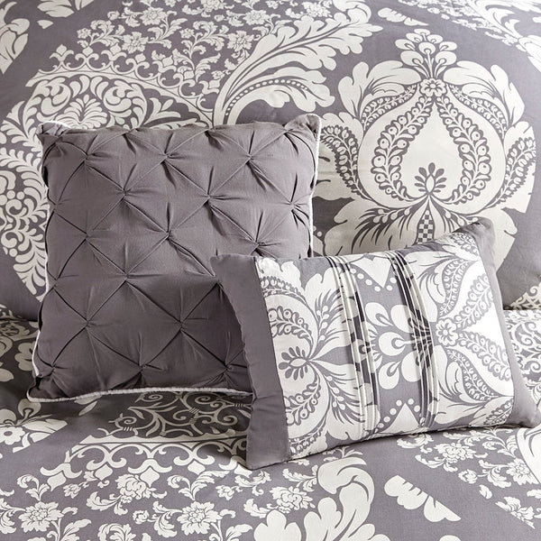 English Elm 7 Piece Cotton Printed Comforter Set In Grey - Elegant Damask Design With Pillows & Bed Skirt B03597027