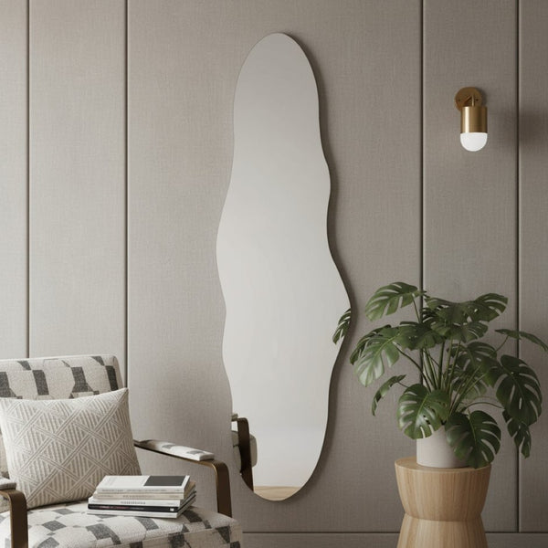 HomeRoots 59" Clear Abstract Frameless Accent Mirror - Modern Wavy Design for Brightening & Expanding Spaces 565131