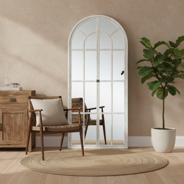 HomeRoots 71" Elegant White Solid Wood Arch Framed Full-Length Mirror for Brightening Spaces & Style 565140