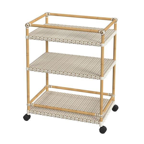 Butler Specialty Tobias Outdoor Rattan Bar Cart - Stylish 3-tier Serving Solution For Patios And Porches, Weather-resistant Beige And White Aluminum,Polyethylene (Pe) Rattan 5651433-butler