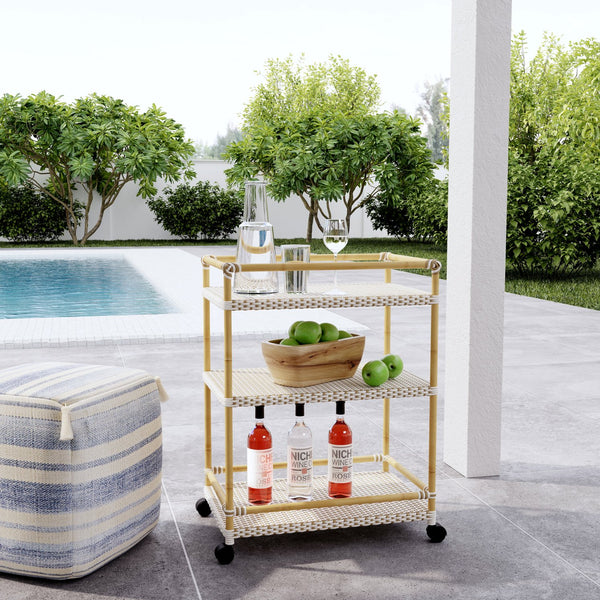 Butler Specialty Tobias Outdoor Rattan Bar Cart - Stylish 3-tier Serving Solution For Patios And Porches, Weather-resistant Beige And White Aluminum,Polyethylene (Pe) Rattan 5651433-butler