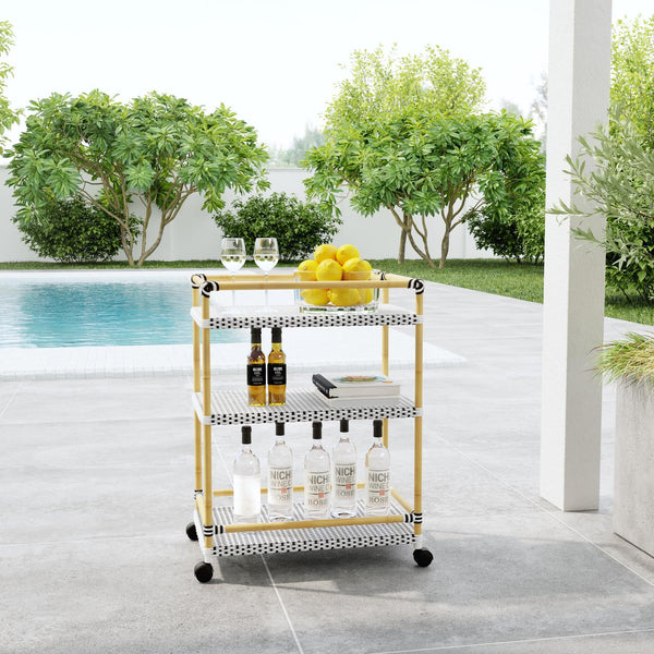 Butler Specialty Tobias Outdoor Rattan Bar Cart - Stylish 3-tier Serving Solution For Patios And Porches, Weather-resistant Black,Black And White,White,White And Black Aluminum,Polyethylene (Pe) Rattan 5651434-butler