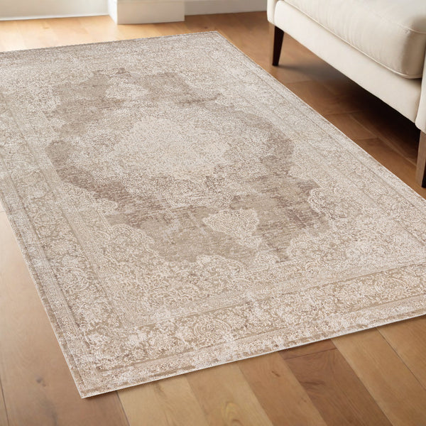 Homeroots 2' Beige And Gray Medallion Area Rug - Elevate Your Space With Sophisticated Style And Design 4' X 6' Viscose,Synthetic 565156