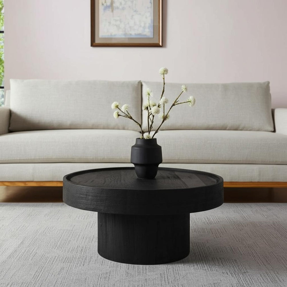 HomeRoots 28" Black Round Solid Wood Pedestal Coffee Table – Elegant Design for Contemporary Living Spaces 565164