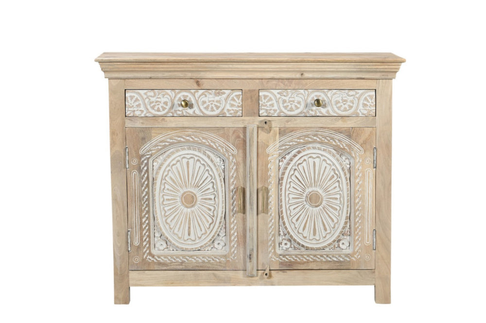 HomeRoots 46" White Distressed Solid Wood Sideboard with Carved Scrollwork - Versatile Storage for Any Room 565165