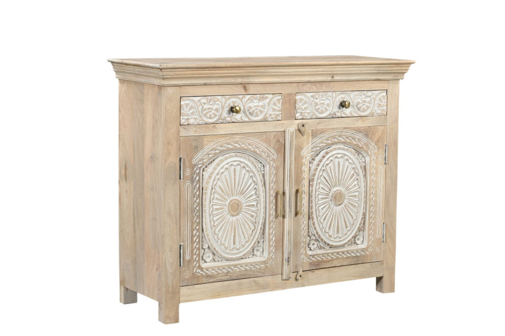 HomeRoots 46" White Distressed Solid Wood Sideboard with Carved Scrollwork - Versatile Storage for Any Room 565165