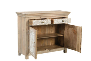 HomeRoots 46" White Distressed Solid Wood Sideboard with Carved Scrollwork - Versatile Storage for Any Room 565165