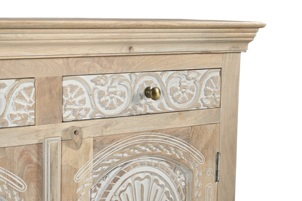 HomeRoots 46" White Distressed Solid Wood Sideboard with Carved Scrollwork - Versatile Storage for Any Room 565165