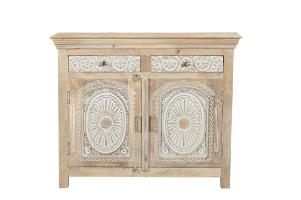 HomeRoots 46" White Distressed Solid Wood Sideboard with Carved Scrollwork - Versatile Storage for Any Room 565165