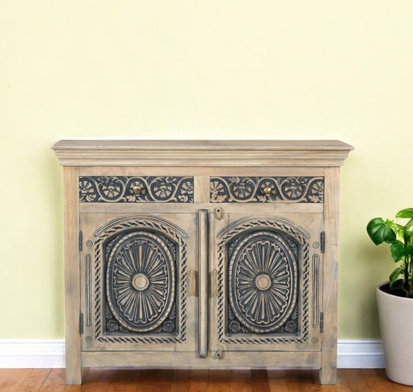 46 Inch Solid Wood Buffet with Carved Scrollwork Two Drawers Distressed Black Finish